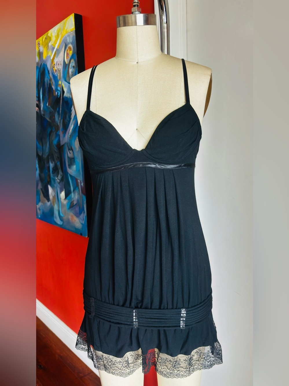 Black Lace-Trim Nightdress with Adjustable Straps